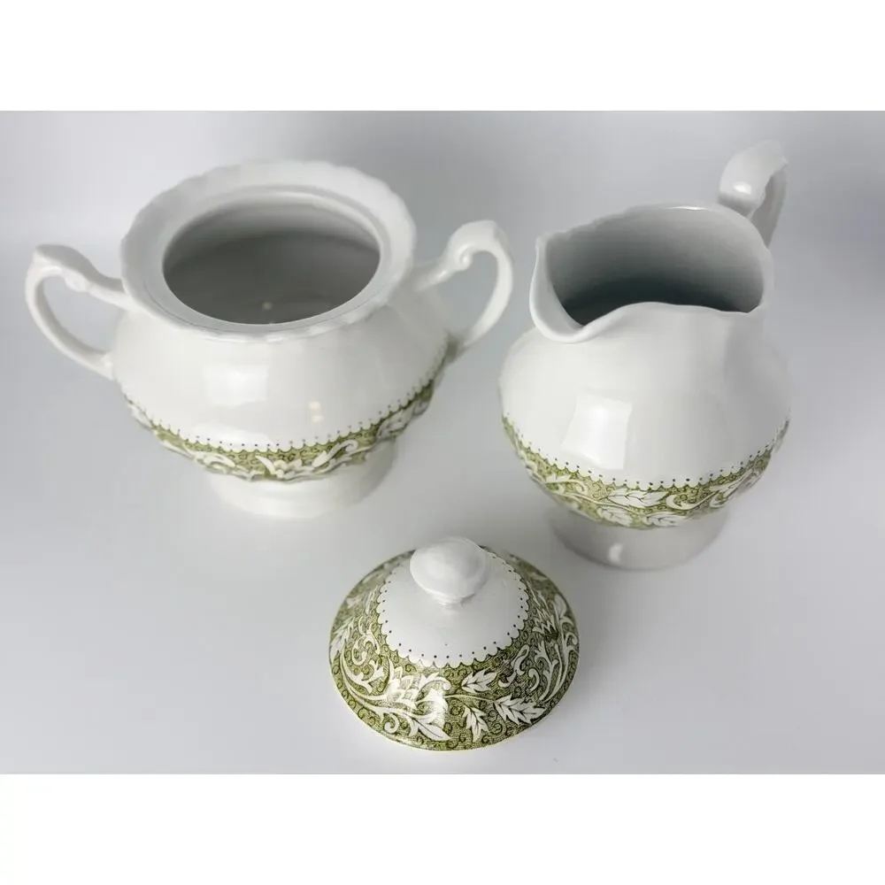 J & G Meakin 'Lucerne' White Ceramic Sugar & Cream Set w Olive Green/Leaf Border